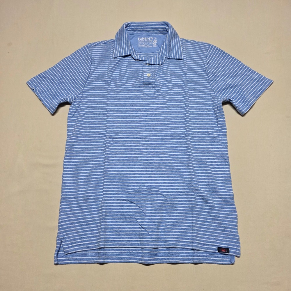Faherty Cloud Cotton Striped Polo Shirt Mens Small Blue White Short Sleeve
